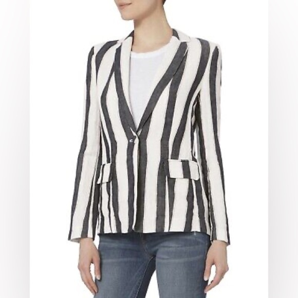 FRAME Jackets & Blazers - FRAME Bold Stripe Navy White Linen Blazer Sz 4